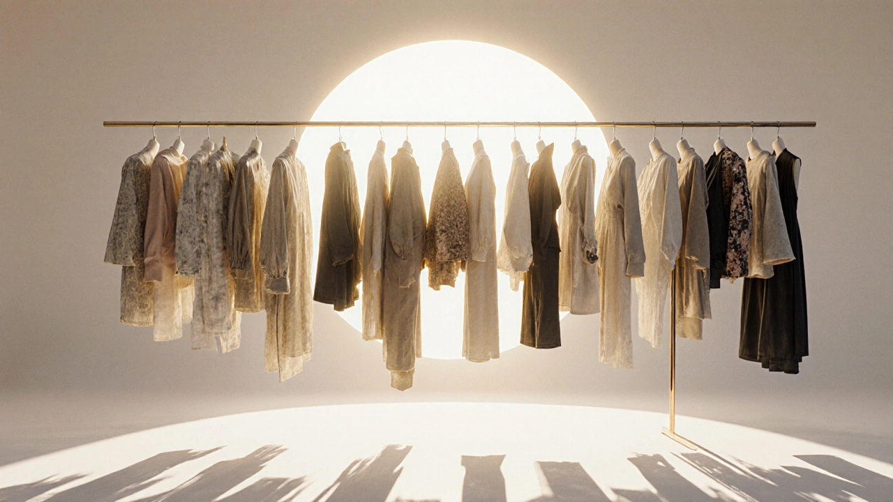 A clothing rack with garments sized 0 to 28 illuminated by golden light