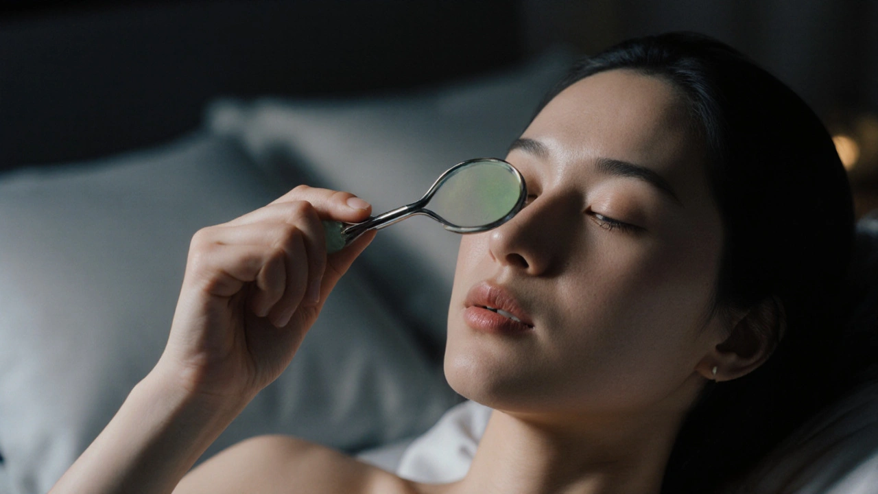A jade roller being gently used on a cheekbone in a dim, serene bedroom at night.