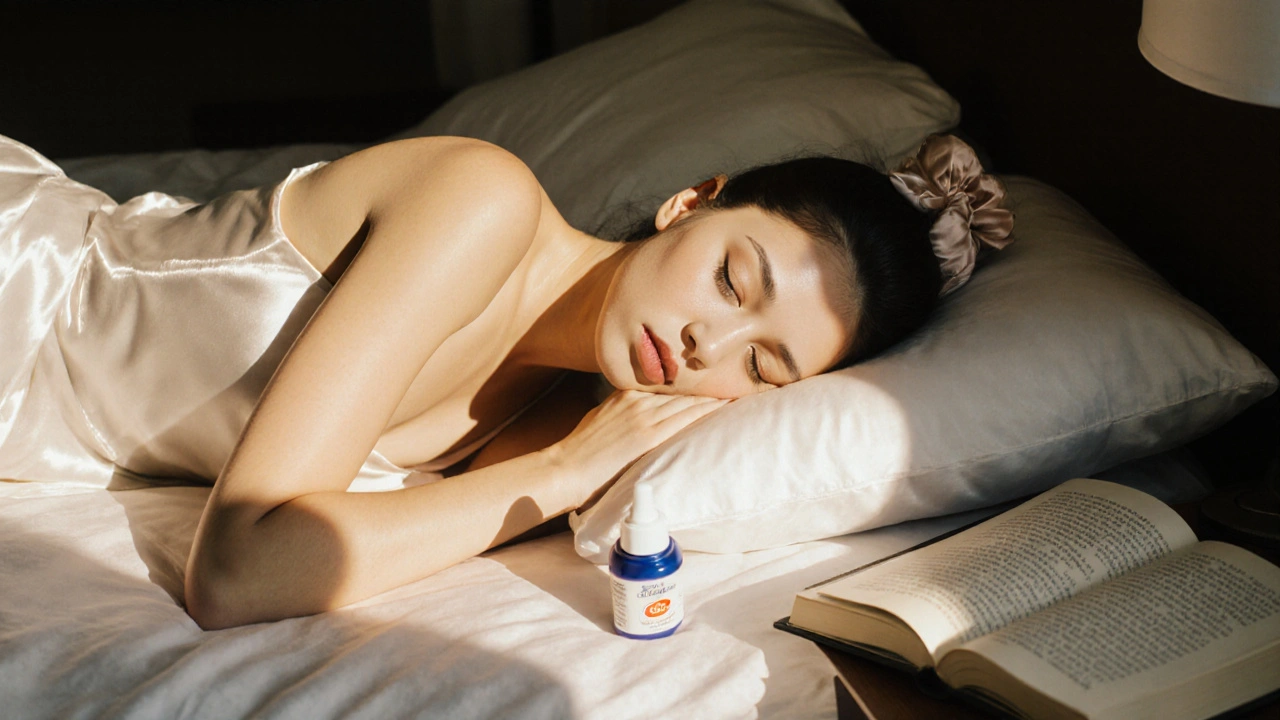 A supermodel sleeping peacefully on silk pillowcases with UV light and petroleum jelly nearby.