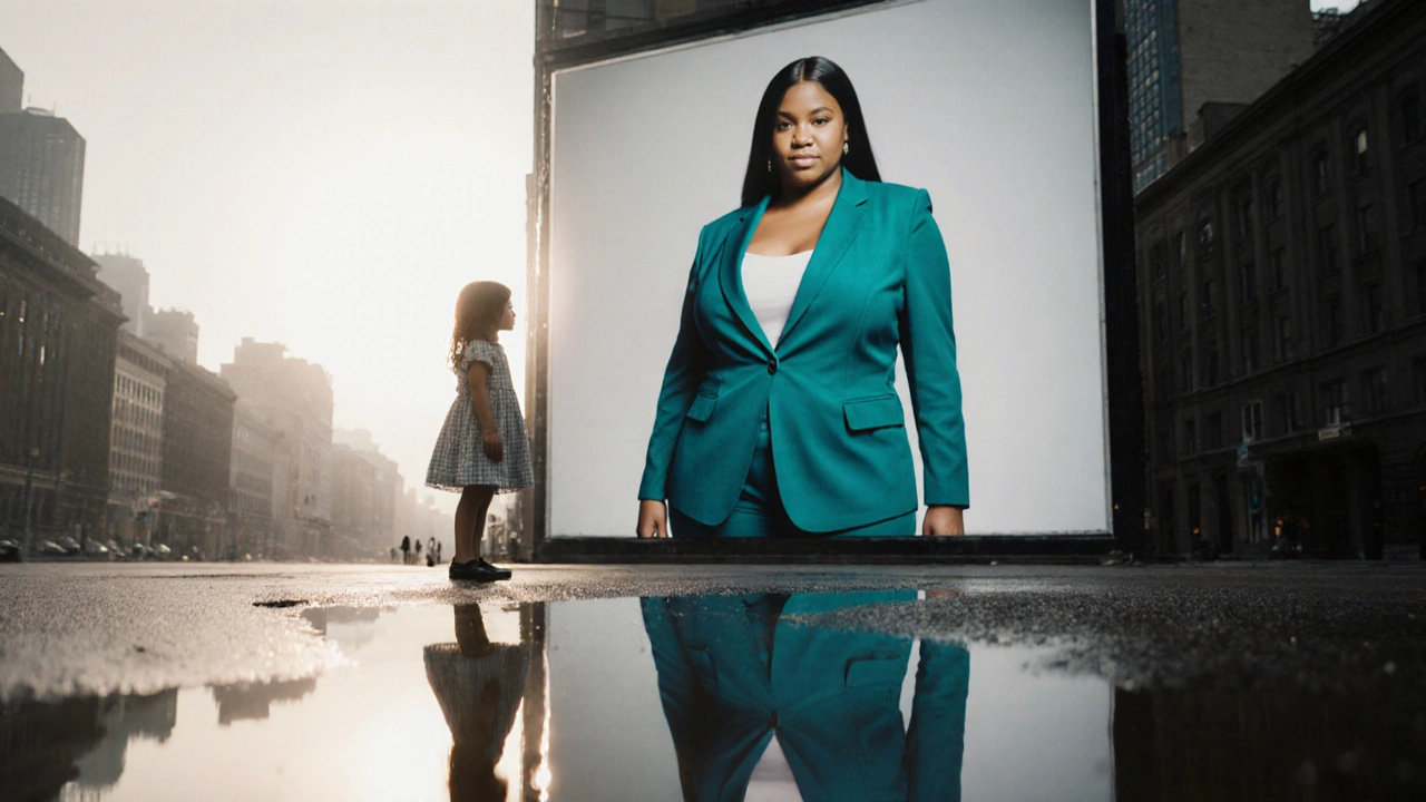A young girl looking up at a billboard of a plus-size model in a suit, reflection visible in a puddle below.
