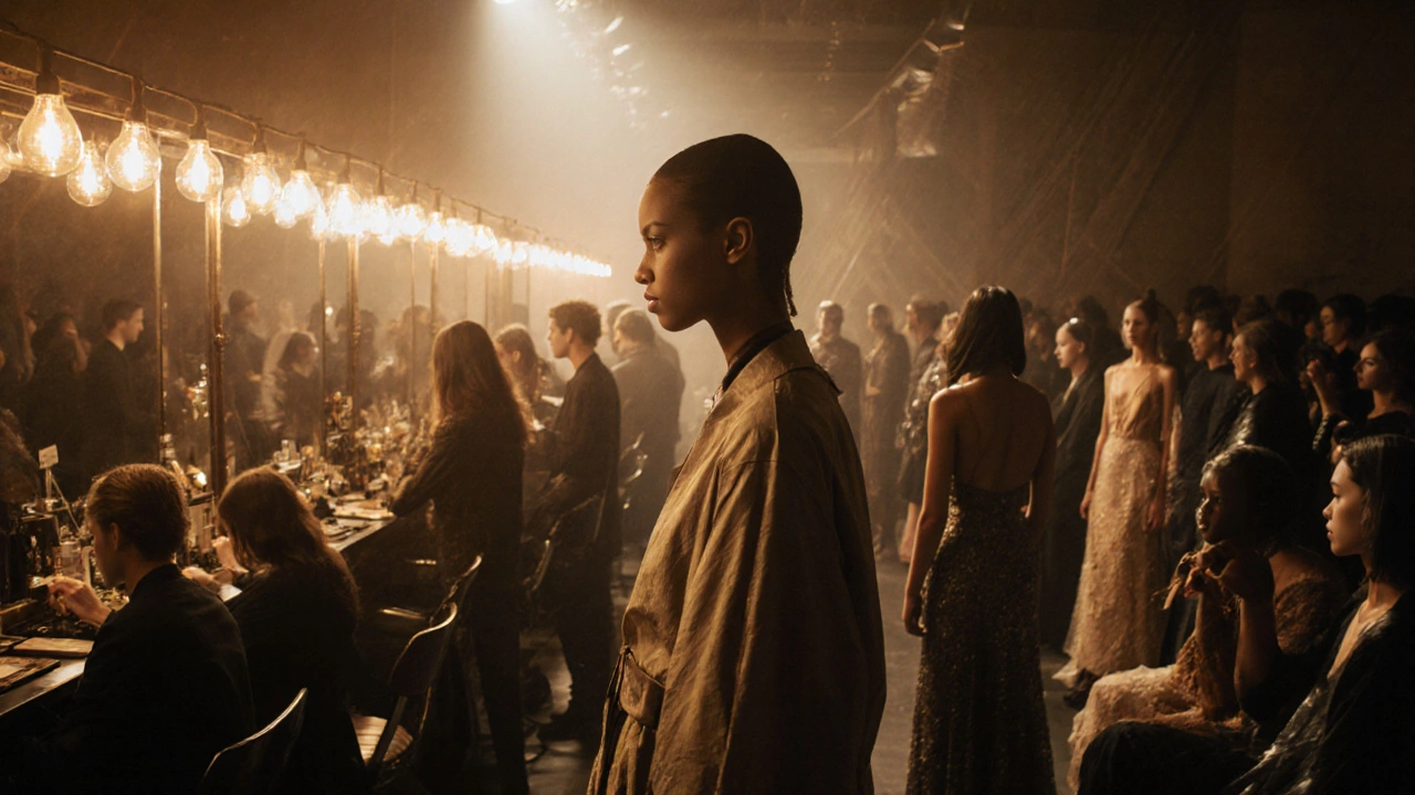 Backstage at Fashion Week with models, stylists, and vibrant runway costumes.