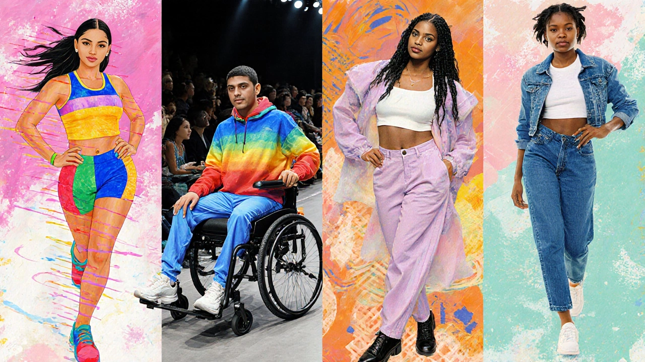 Collage of four teen models: athletic wear, gender‑fluid runway, adaptive clothing, and denim.
