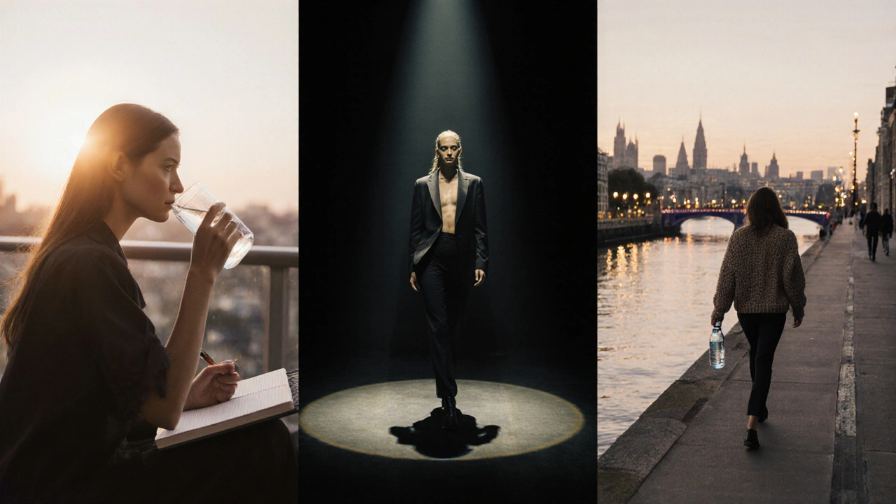 Collage showing a model&#039;s day: meditation, runway rehearsal, and evening walk by the Thames.