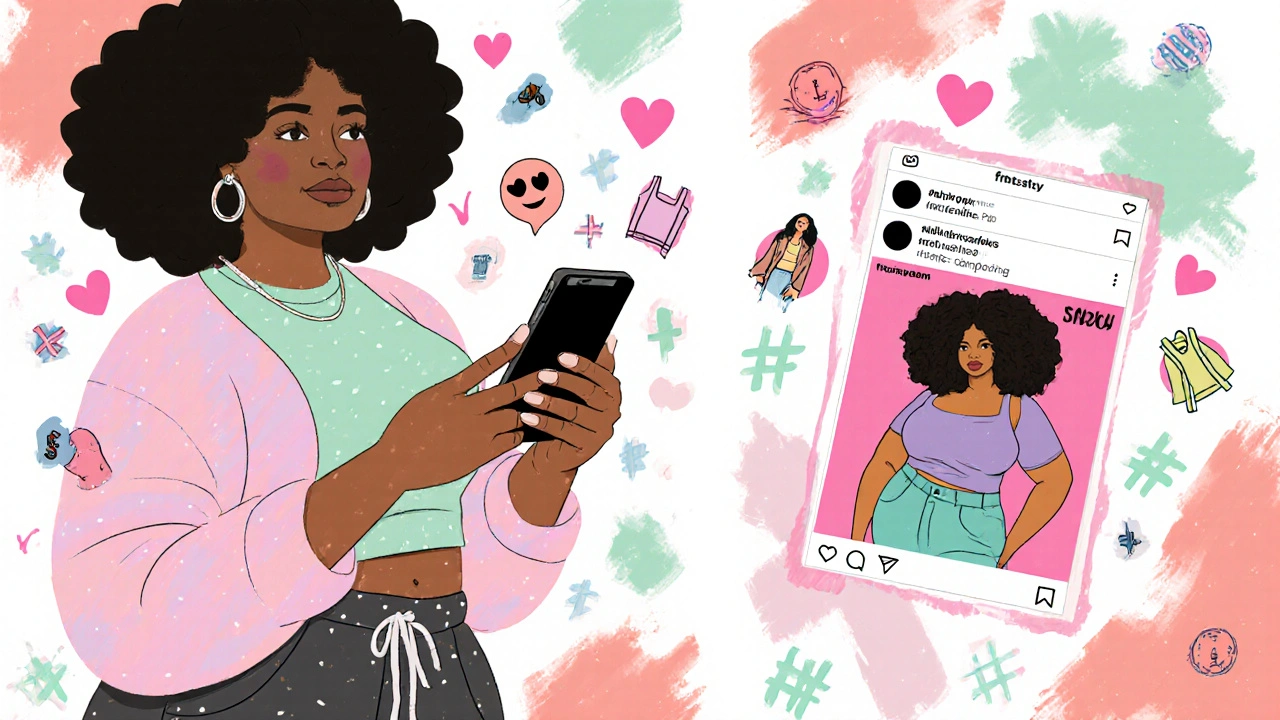 Curvy influencer holding phone showing inclusive campaign, surrounded by stylized icons.