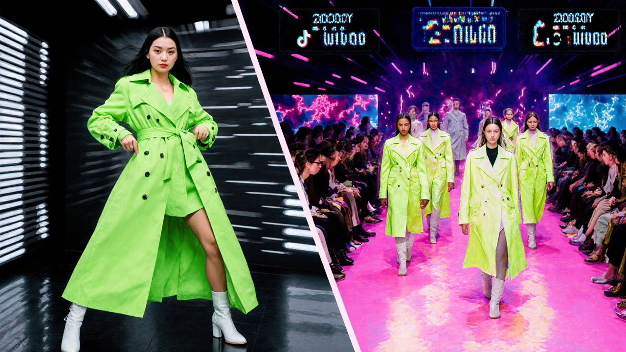 Digital illustration of Megan Park in a neon trench inspiring runway neon outerwear.