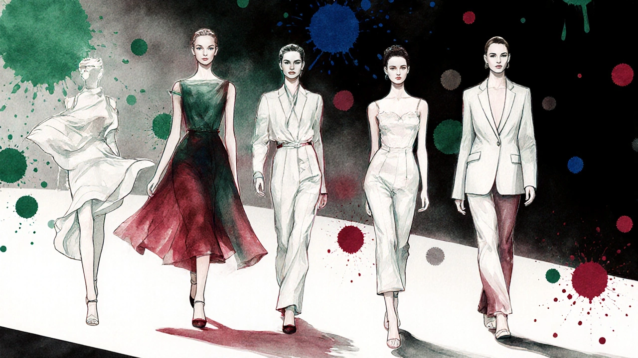 Fashion illustration of five silhouettes each highlighting a runway element.