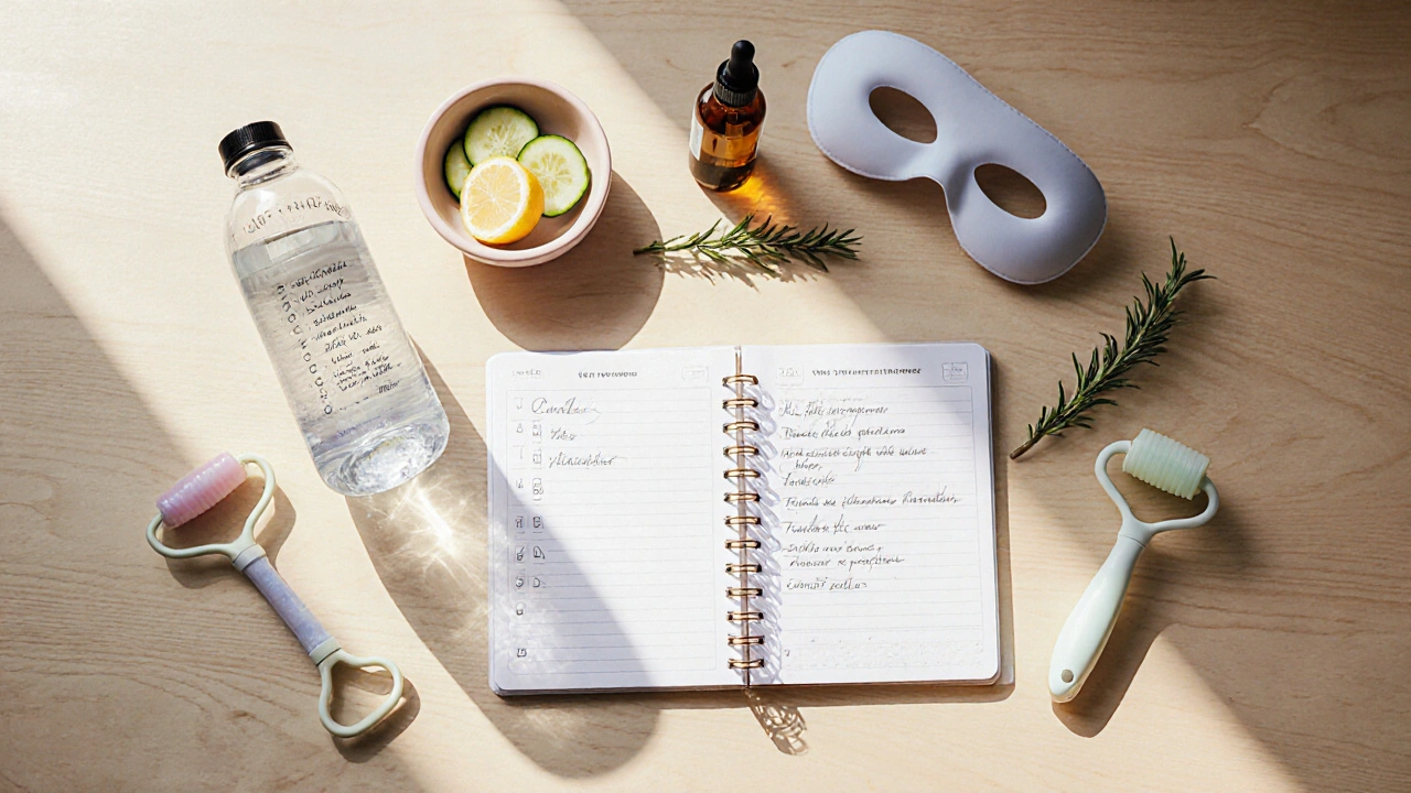 Flat lay of planner, water bottle, facial roller, LED mask, brush, hair oil, and cucumber slices.