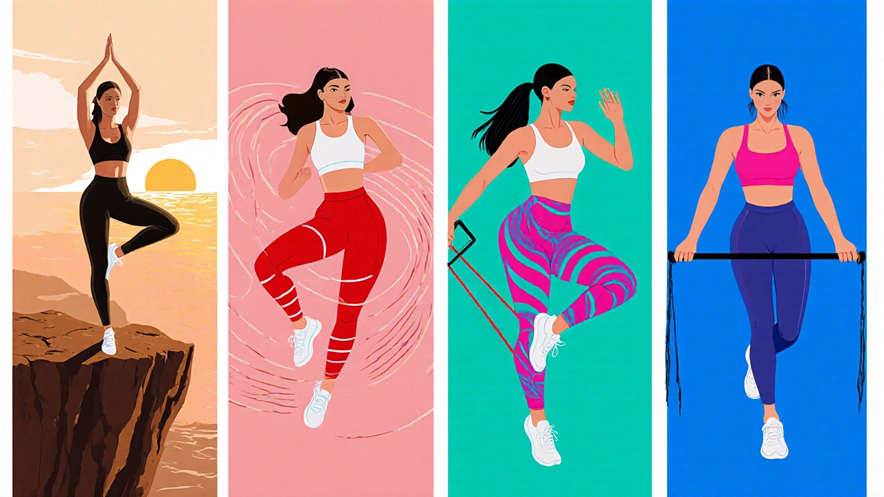 Four-panel illustration showing models doing yoga, HIIT, dance cardio, and resistance band exercises.