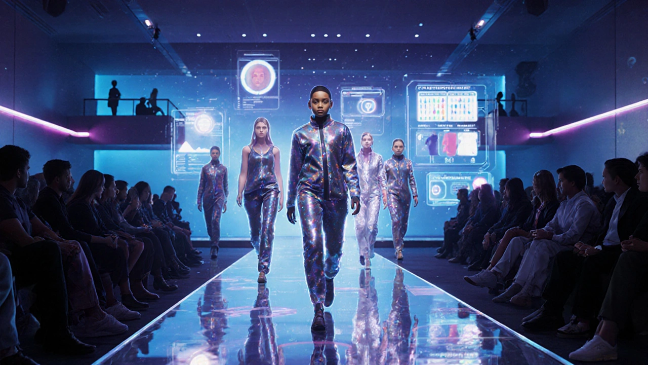 Futuristic virtual runway with holographic teen avatars and AI‑generated fashion.