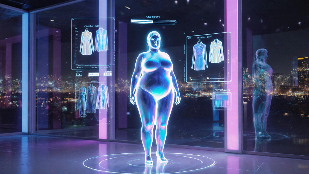 Holographic curvy model in neon virtual store with floating tech UI elements.