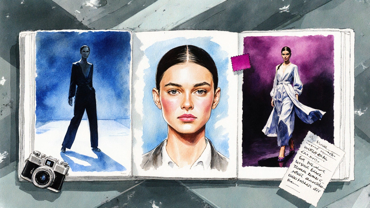 Illustrated collage of a model's headshot, full‑body pose, and editorial shot alongside creative tools.