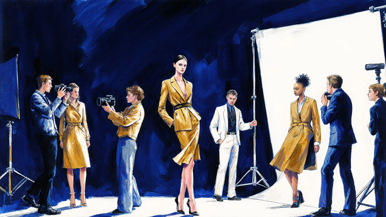 Illustrated studio shoot with a model, photographer, stylists, and varied fashion looks.