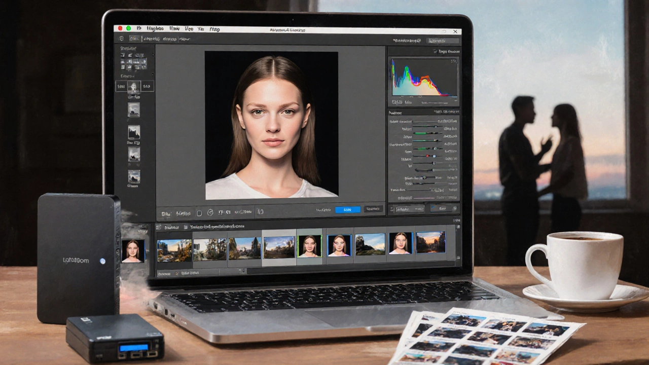 Laptop screen showing edited portrait with editing tools and backup SSD nearby.