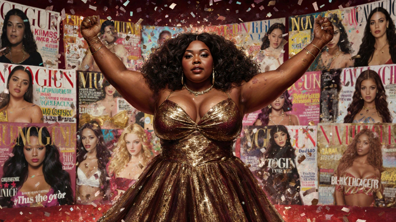 Lizzo in a shimmering red carpet gown, arms raised as glitter falls around her, surrounded by iconic magazine covers.