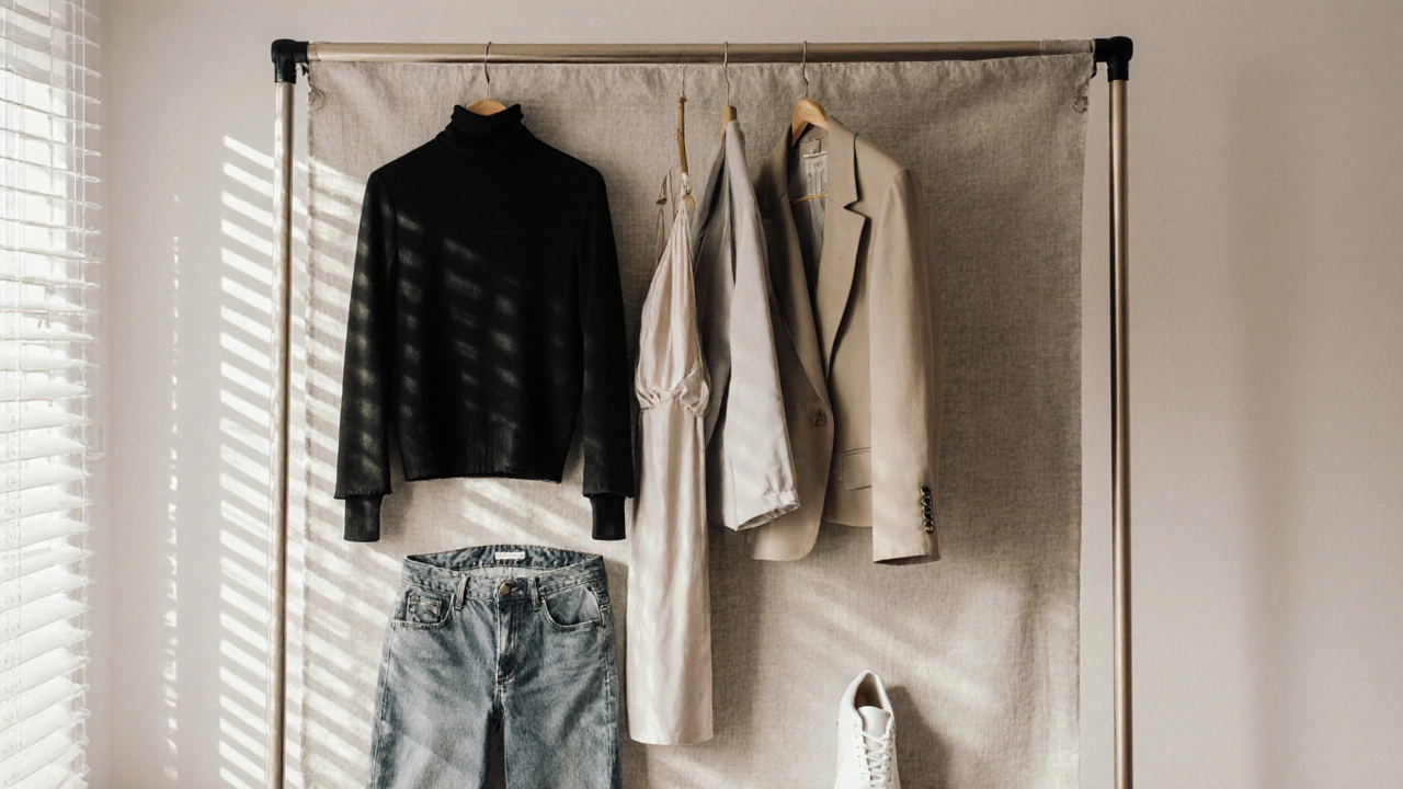 Minimalist wardrobe with black turtlenecks, beige blazer, jeans, and sneakers arranged neatly on a shelf.