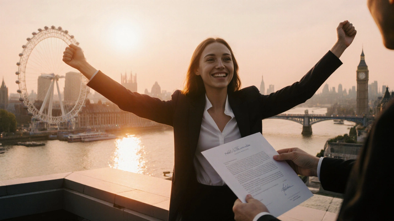 Model celebrates receiving a contract on a rooftop with sunset over the Thames.