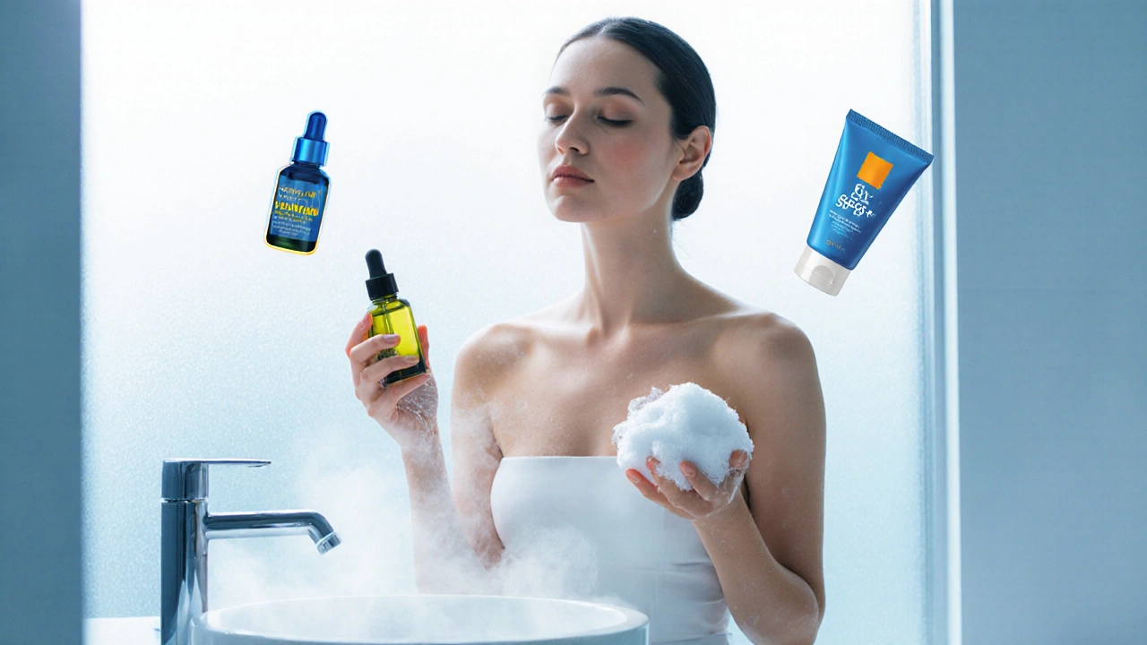 Model cleansing her face in a bright bathroom, surrounded by skincare products.