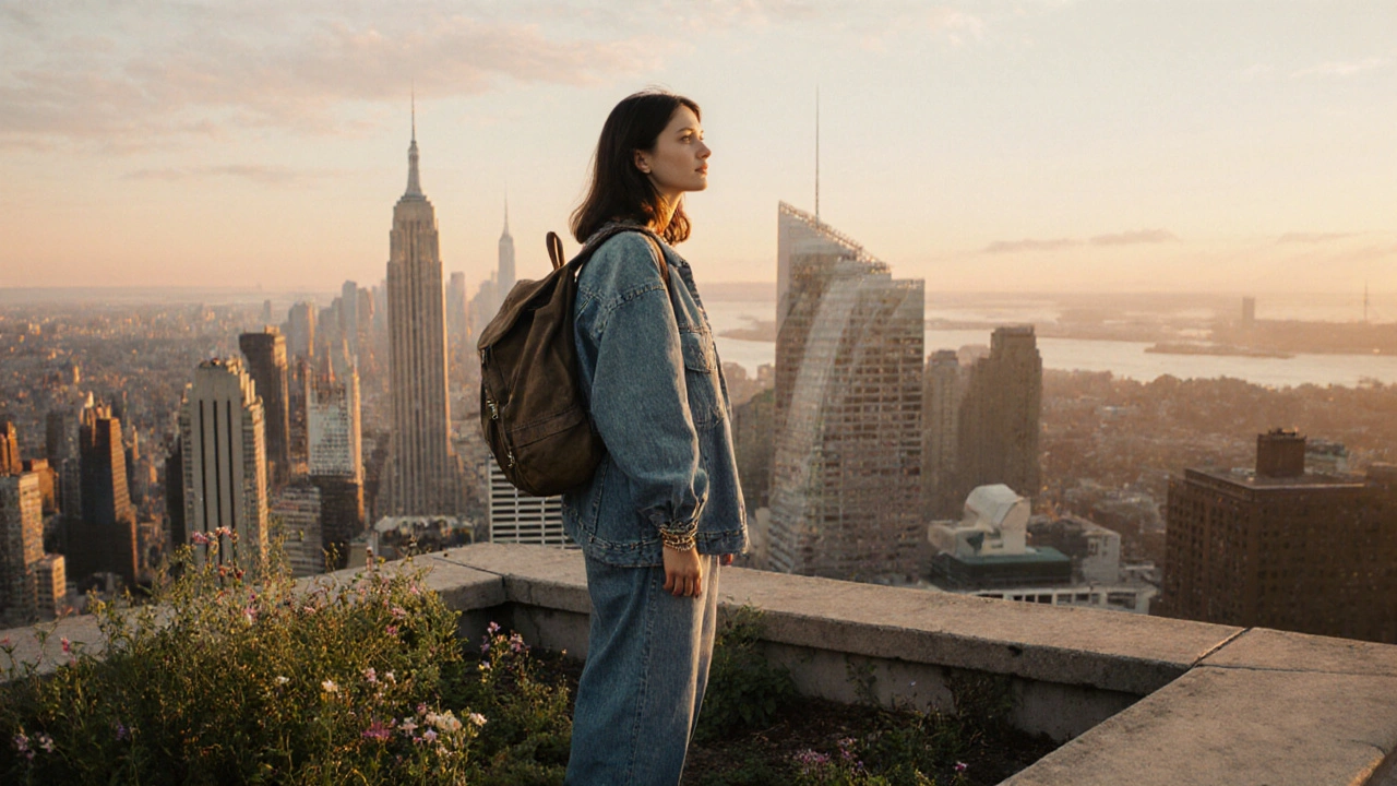 Model in denim standing on a rooftop garden at sunrise with city skyline behind.