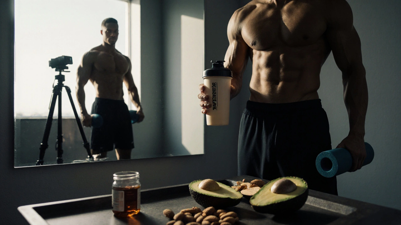 Model in home gym holding foam roller and protein shake, with progress‑photo gear nearby.