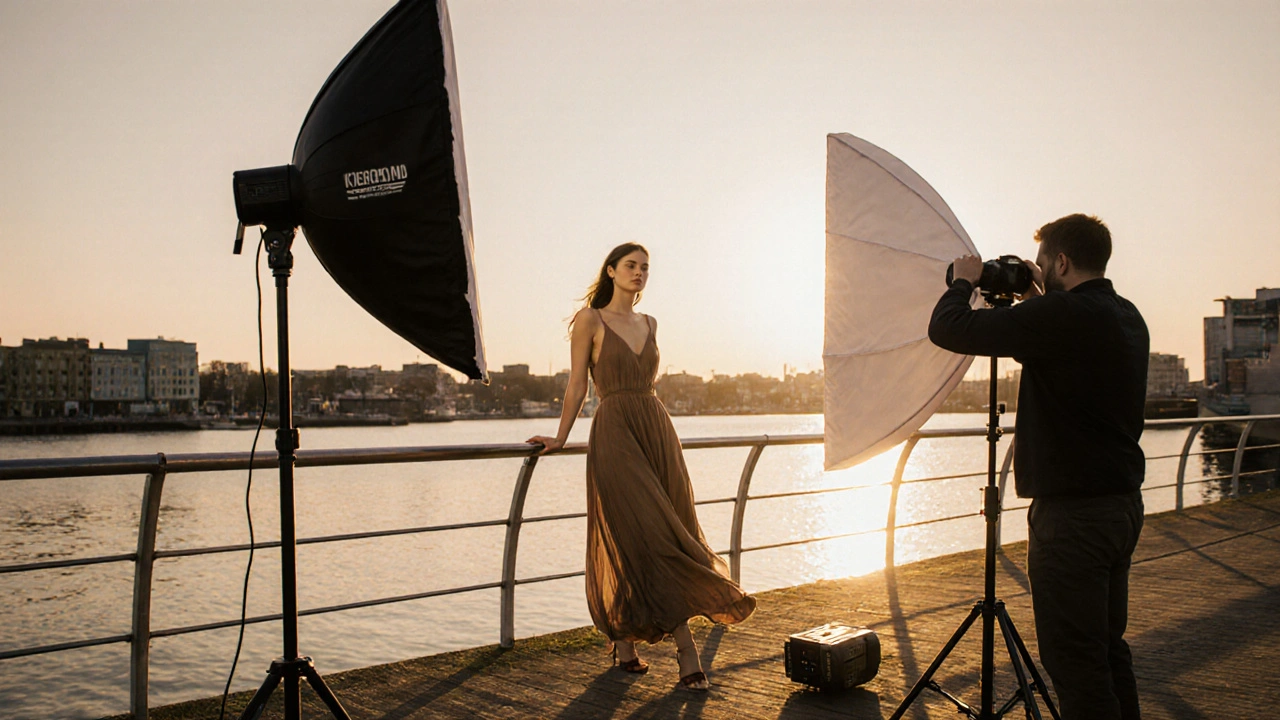 Model posed on a Bristol dock at sunset with softbox and reflector lighting.