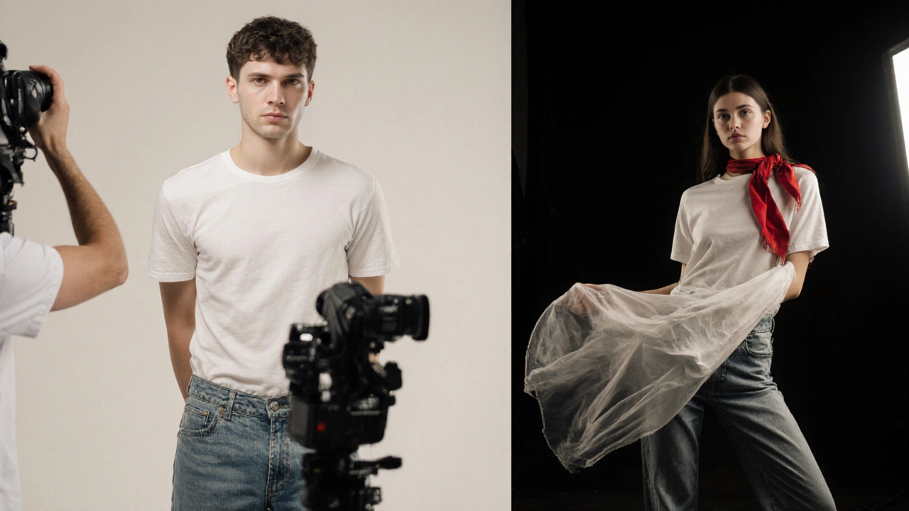 Model posing for headshot, full‑body, and editorial shots during a studio photoshoot.