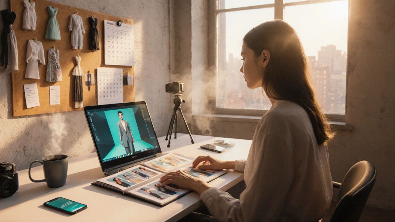 Model reviews a portfolio and a 3D avatar on a laptop while planning their career.