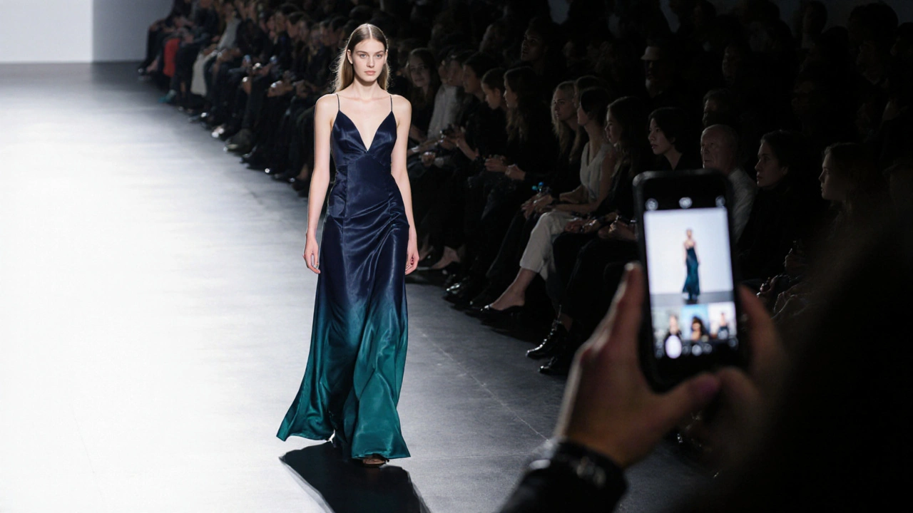 Model walking a runway at night with bright lights, captured alongside a subtle Instagram feed.