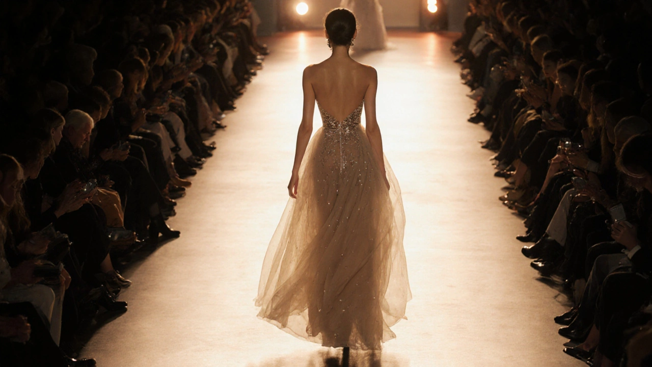 Model walking down a lit catwalk with dramatic spotlight and flowing gown.