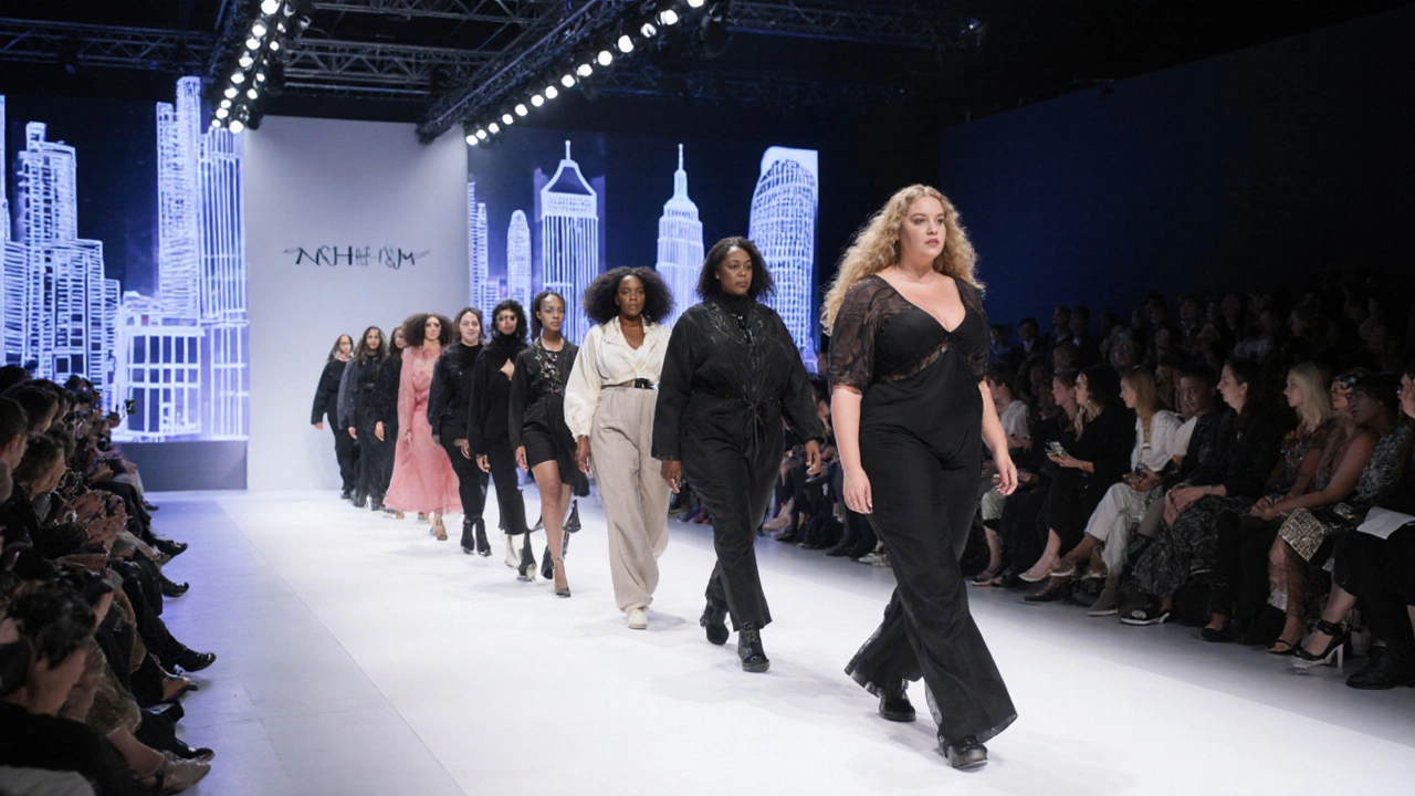 Nighttime runway show with diverse plus‑size models on multiple stages.