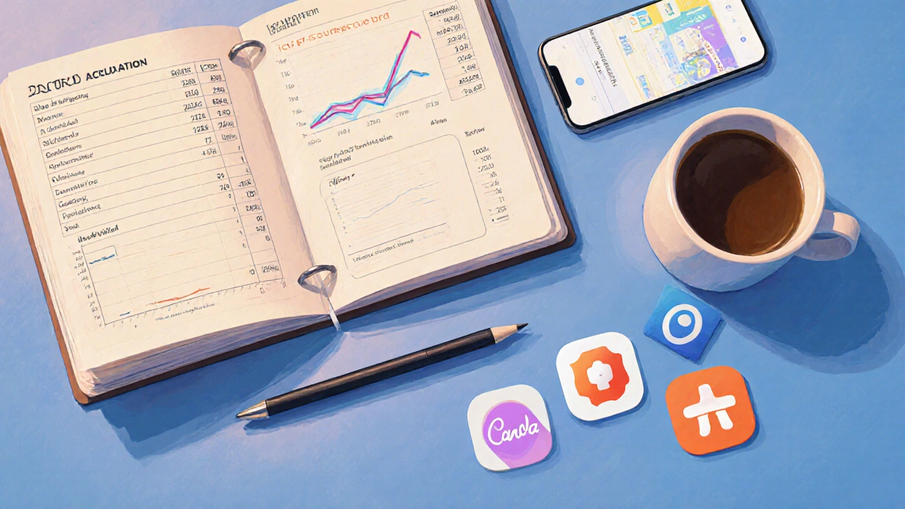 Overhead view of organized financial tools, notebook, and analytics devices.