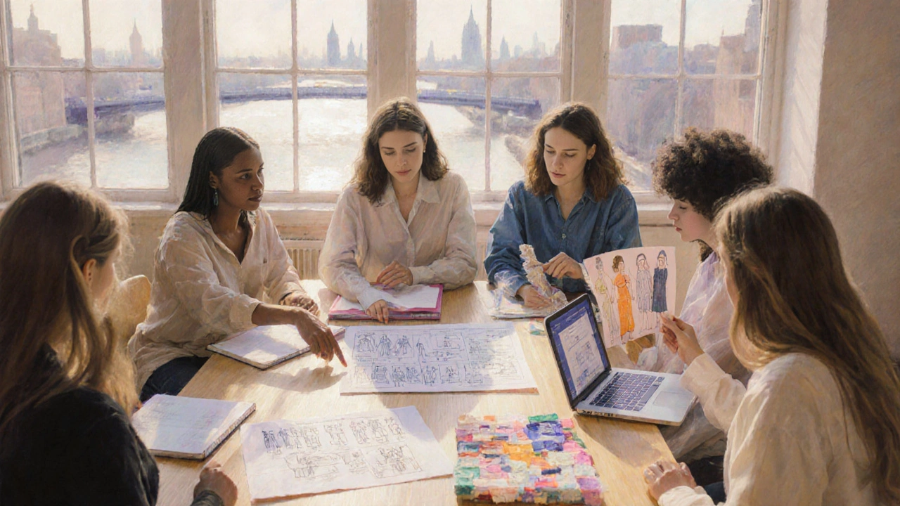 Painterly scene of young UK models planning careers around a collaborative table.