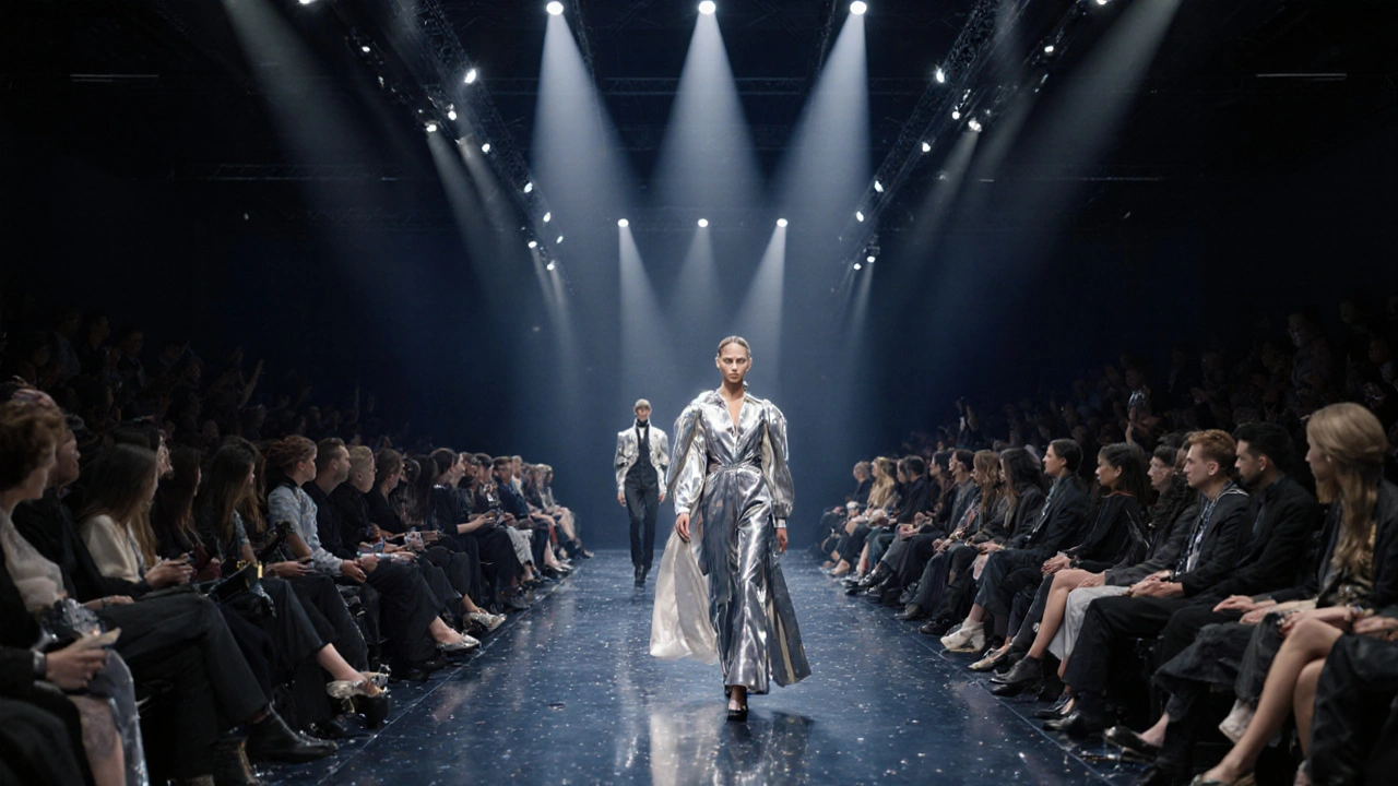 Runway model walks the catwalk under bright lights at a high‑fashion show.