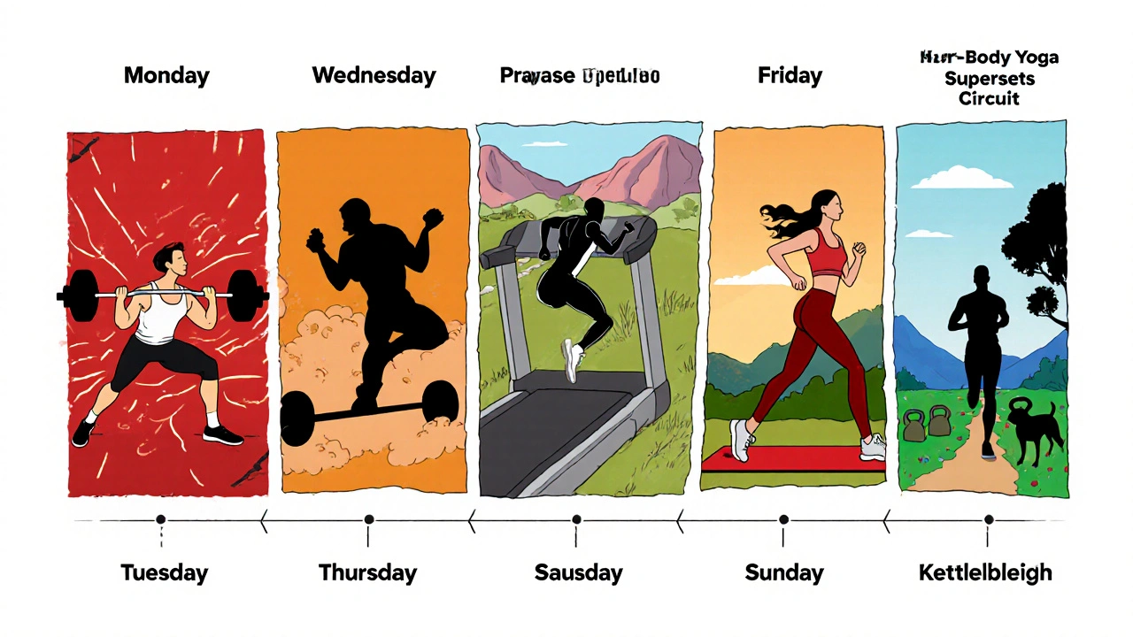 Seven‑panel illustration showing daily workouts: lifting, sprinting, yoga, and recovery.