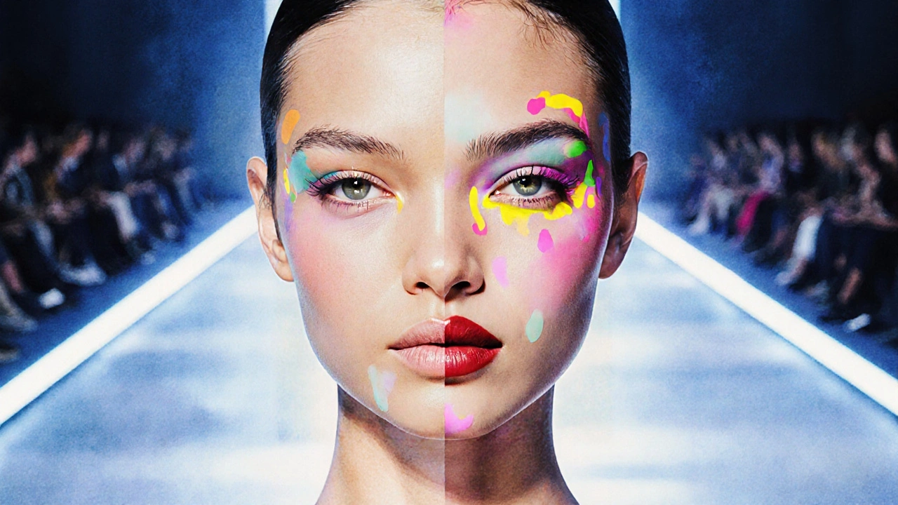 Split‑face illustration contrasting daily dewy makeup with runway matte glam.