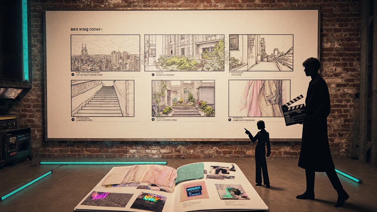 Storyboard and mood board pinned on a wall with a director pointing, model silhouette nearby.