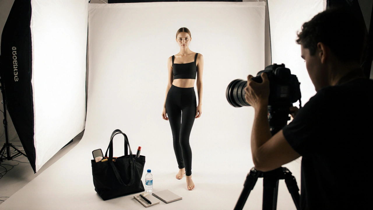 Studio scene of a model standing ready with a tote of essentials as photographer prepares.