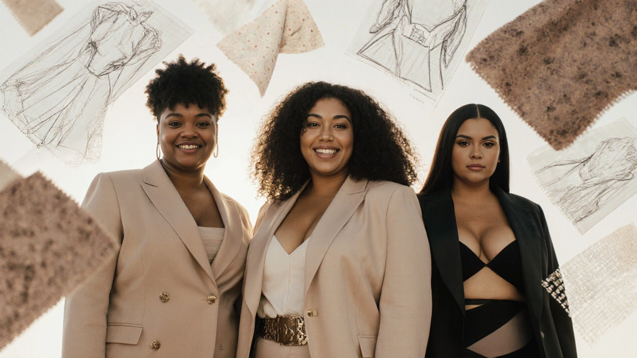 Three iconic plus size models in luxury fashion, smiling together