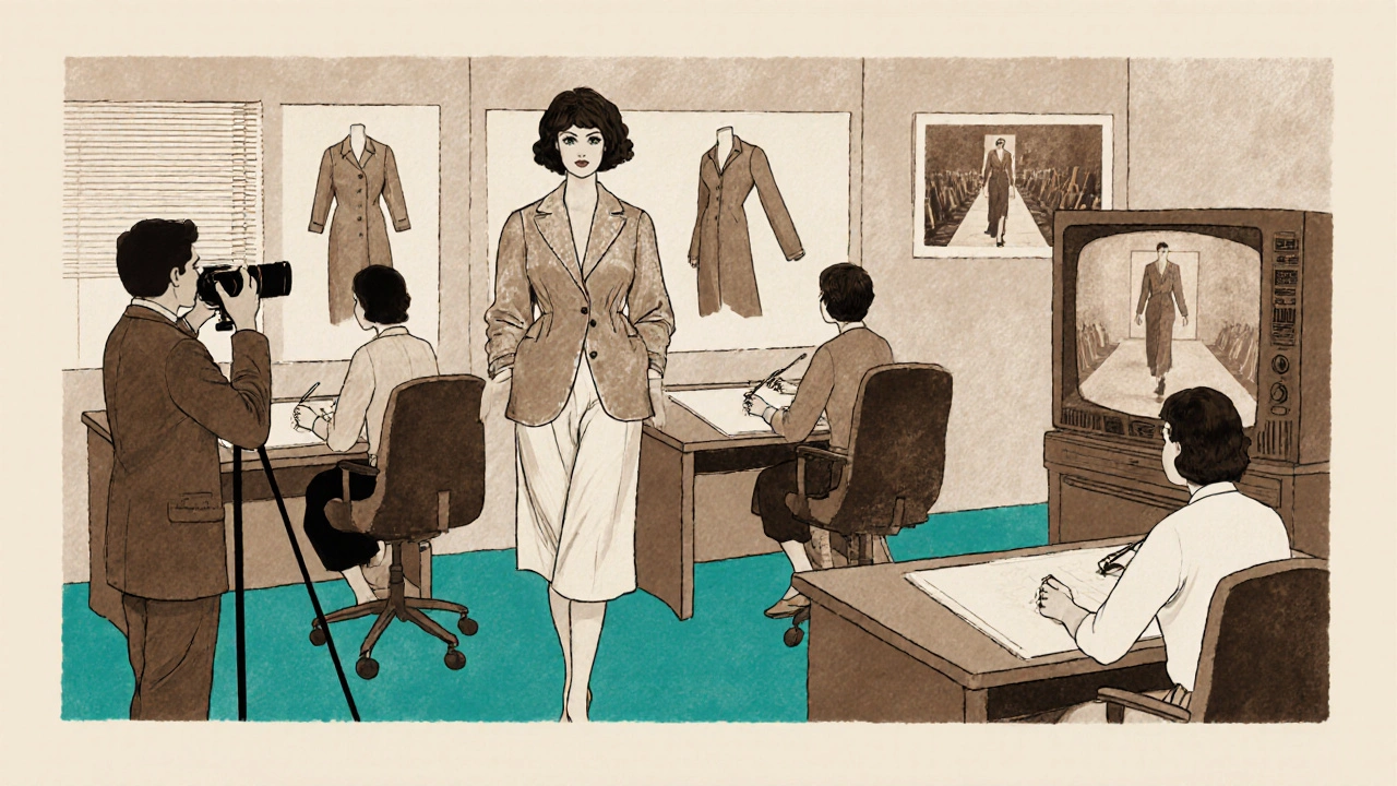 Vintage illustration of a model agency office featuring a curvy model.