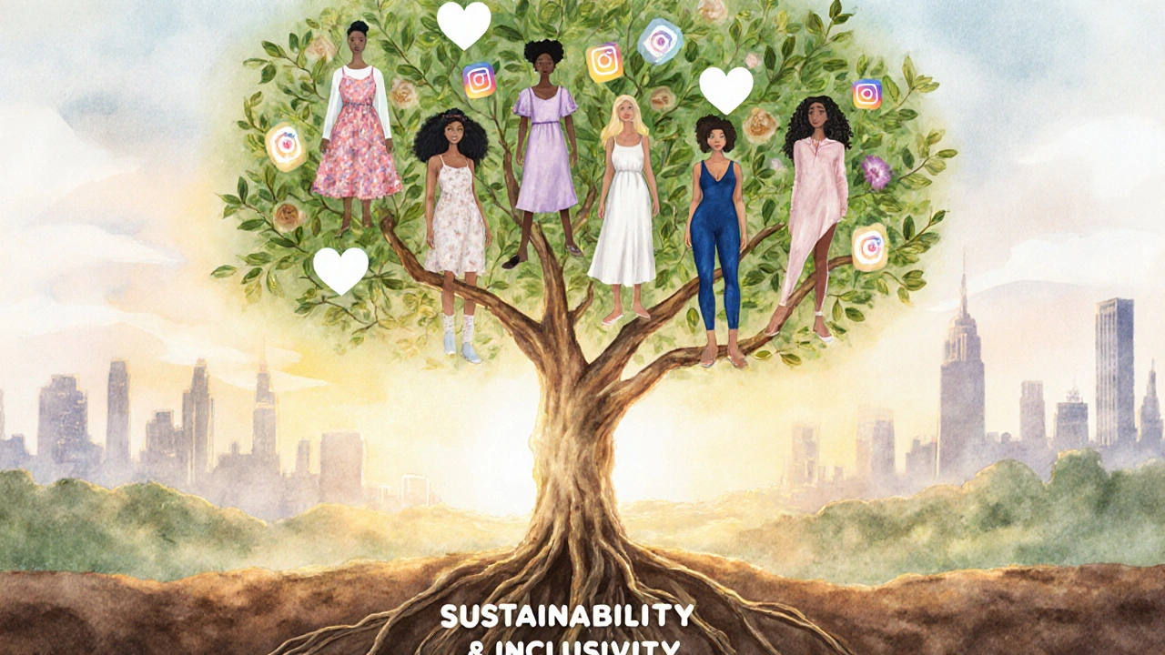 Watercolor tree made of sustainable fashion pieces, rooted in inclusivity, with heart-shaped leaves glowing in golden light.