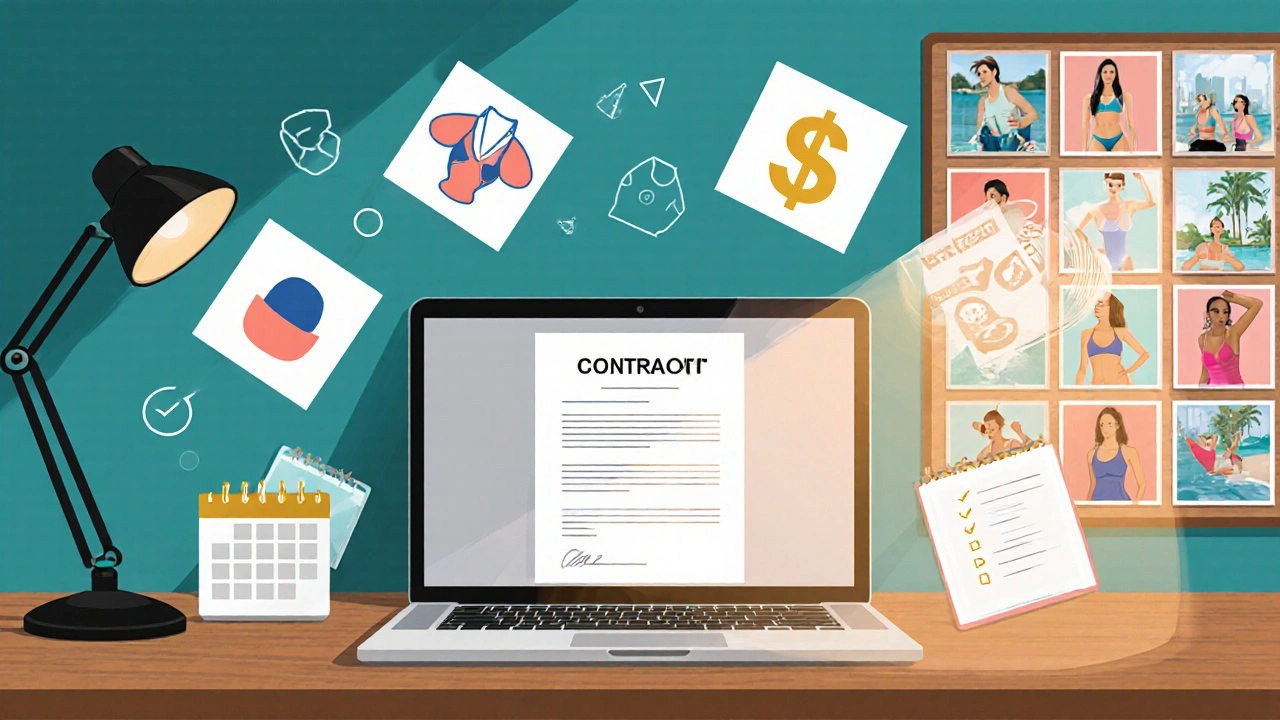 Workspace with laptop contract, brand icons, and mood board of sponsorship ideas.