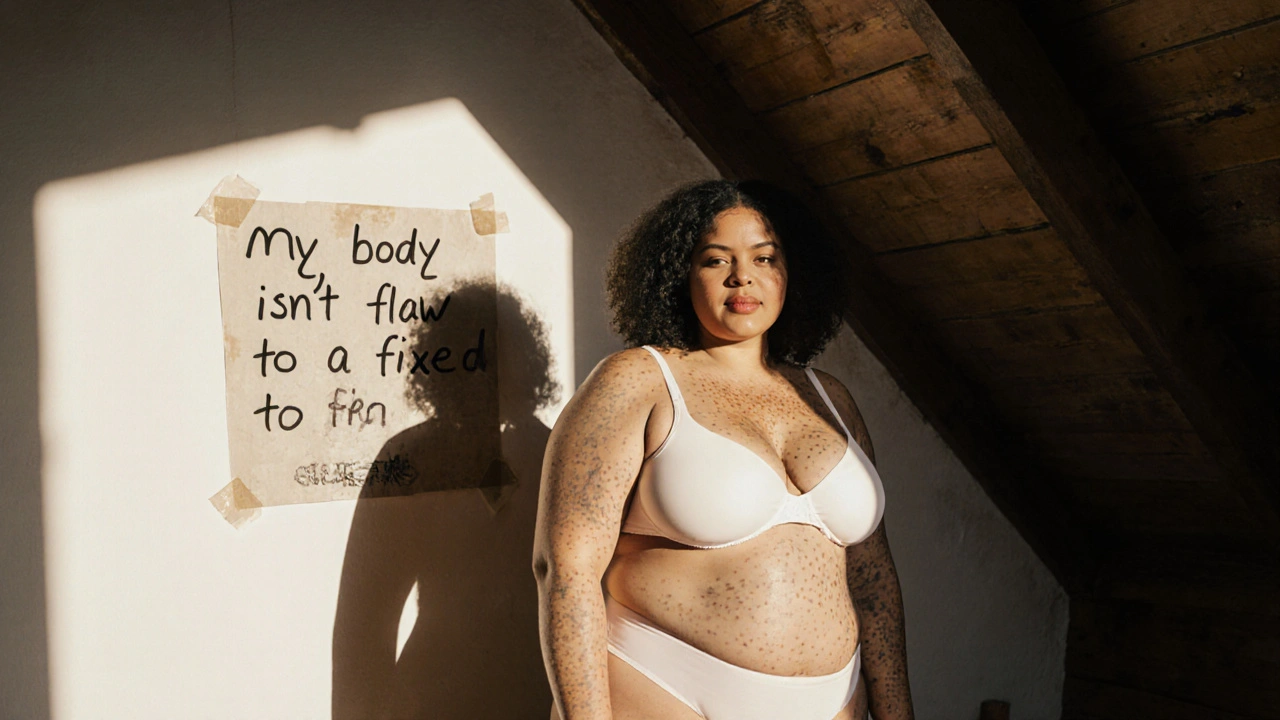 A British plus-size model with natural skin texture and scars standing in sunlit attic, unretouched and proud.