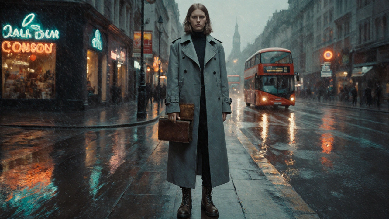 A calm UK model stands on a rainy London street at dawn, wearing a trench coat and boots.