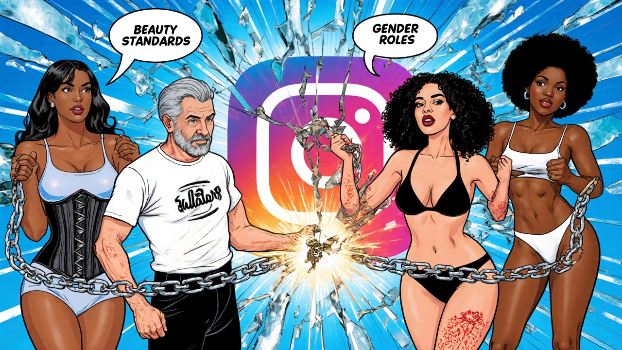 A comic book-style collage of diverse models breaking chains labeled 'Beauty Standards', glowing with superhero energy.