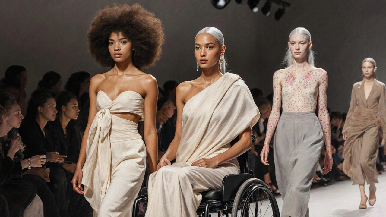 A diverse group of models including a wheelchair user, a woman with vitiligo, and a mature model walking together on a fashion runway.