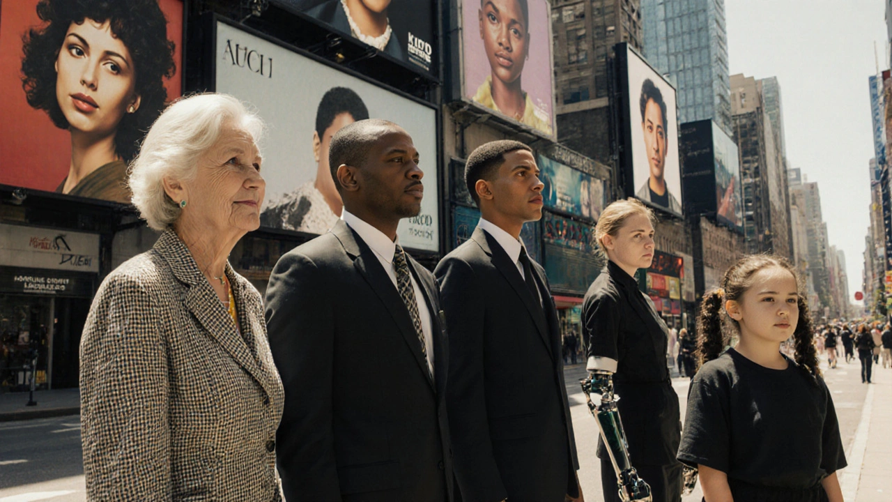 A diverse group of models stand together on a street, their faces on billboards behind them.