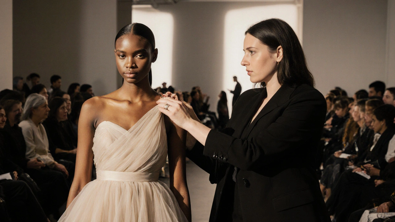A fashion model receiving quiet coaching backstage during London Fashion Week.