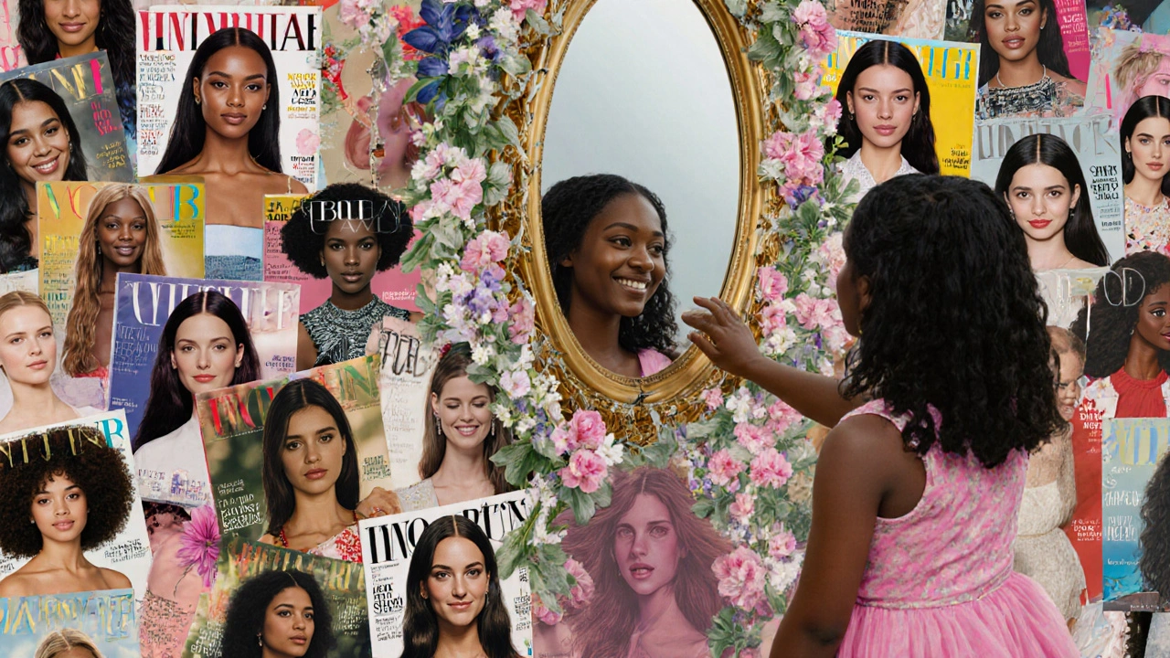 A girl gazing at a mirror reflecting many body types, flowers growing from broken reflections.