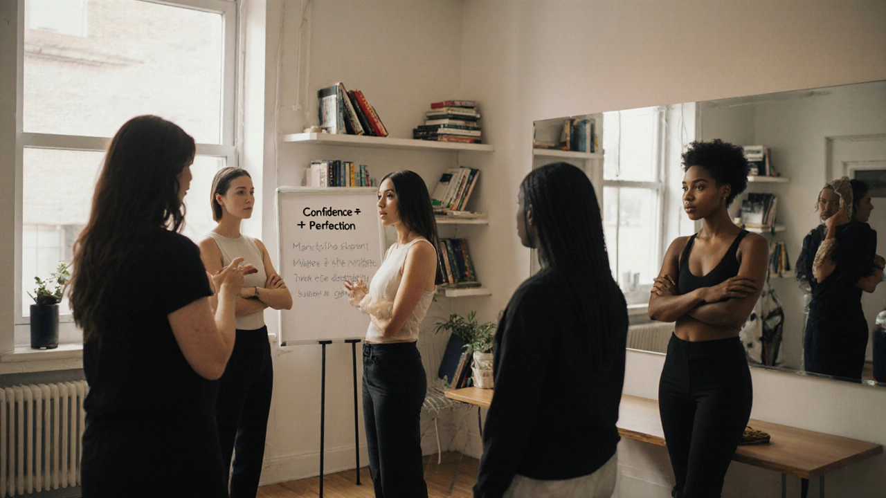 A group of diverse models learning posture and expression in a supportive workshop setting.