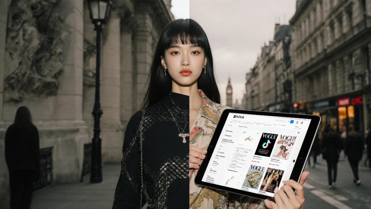 A hybrid model half in runway fashion, half in streetwear, holding a tablet showing her online store, with analytics and Vogue in the background.