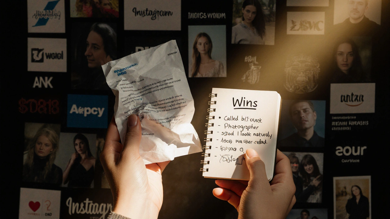A model holds a rejection letter and a notebook of personal wins, bathed in a single beam of light.